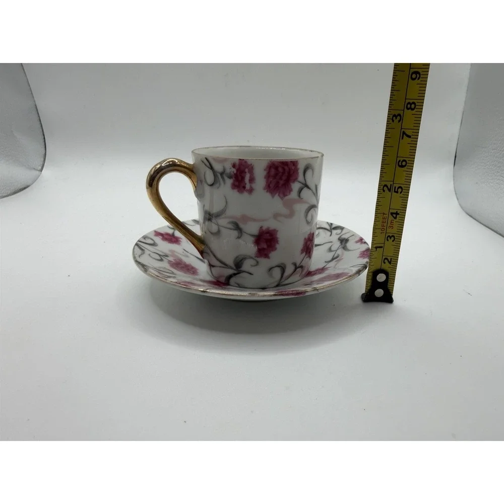 Vintage Carnation 6086 Porcelain Demitasse Cup Saucer Pink Floral Gold Trim